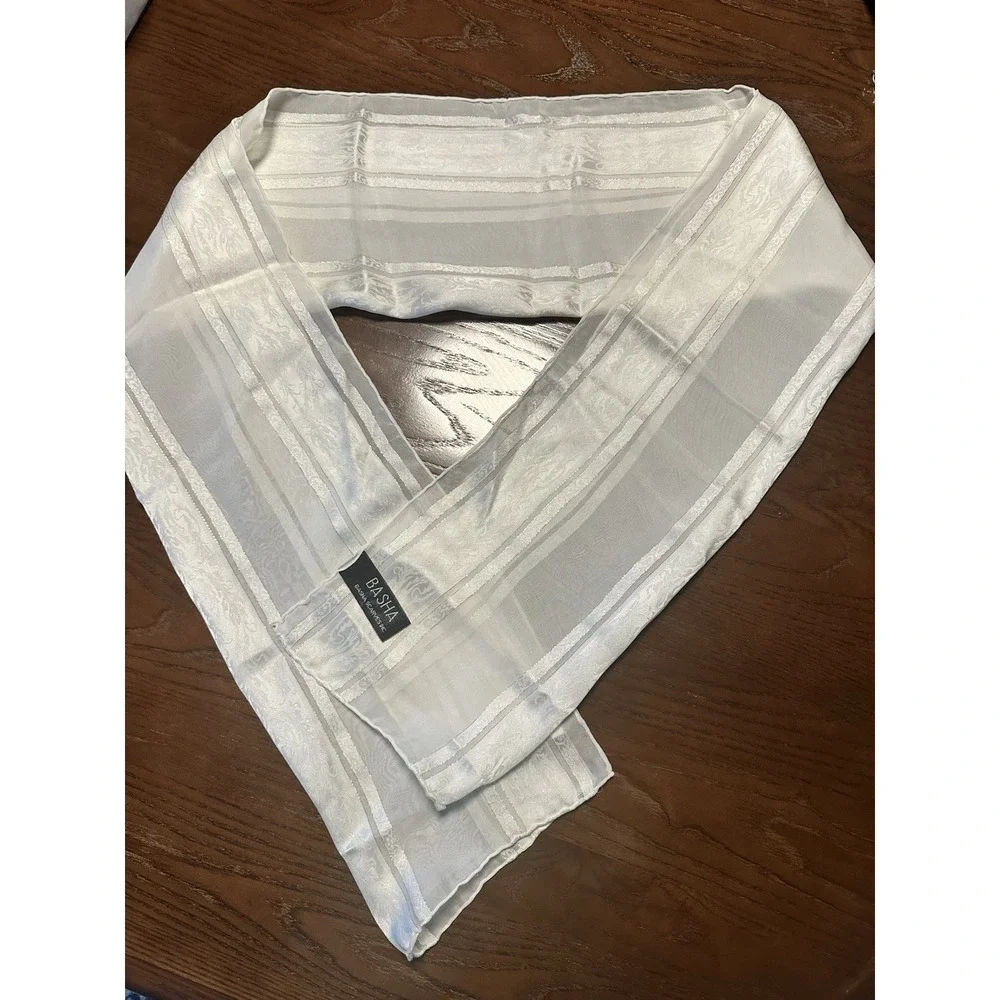 Vintage BASHA Long Silk Scarf Cream & Gold Strand‎  10
